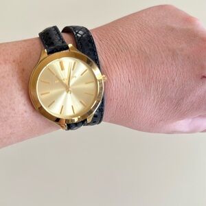 MICHAEL Michael Kors Gold and Black Leather Wrap Watch